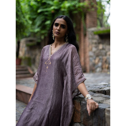 DEEPTHEE Violet Hand Embroidered Metallic Kaftan Dress