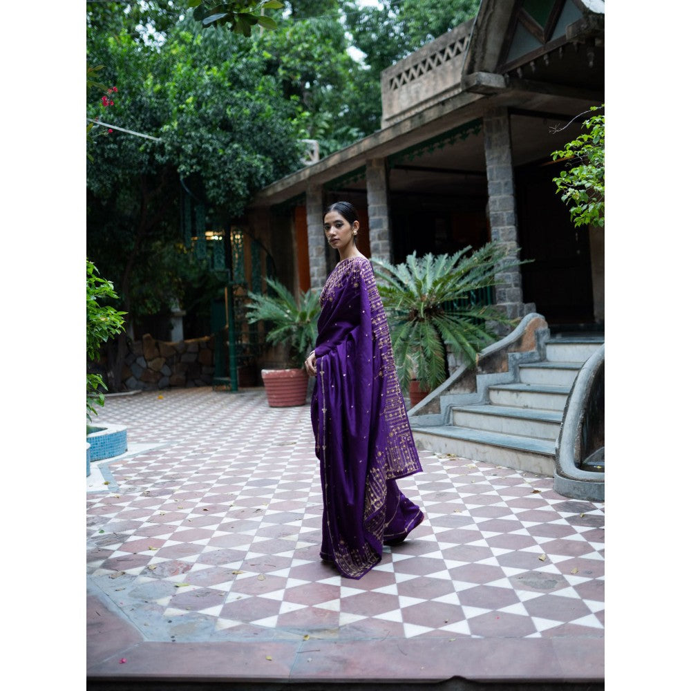 Purple & Black Sequins Embroidered Georgette Saree With Tassels