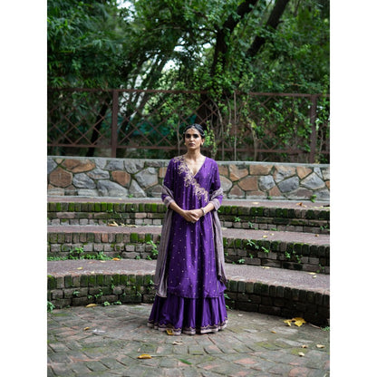 DEEPTHEE Violet Hand Embroidered Angrakha Kurta and Palazzo with Dupatta (Set of 3)