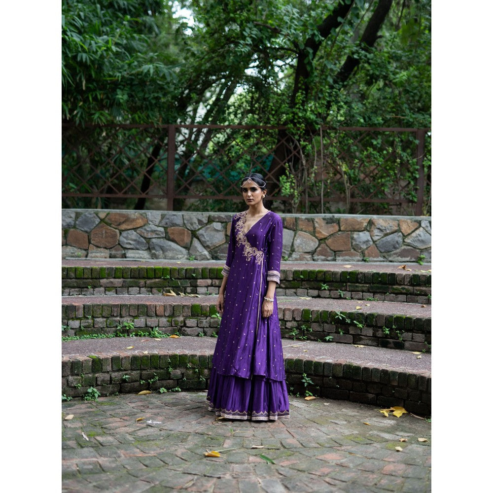 DEEPTHEE Violet Hand Embroidered Angrakha Kurta and Palazzo with Dupatta (Set of 3)
