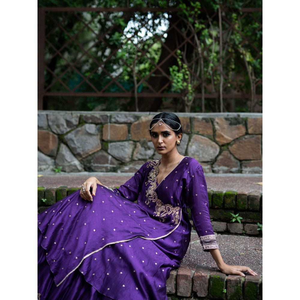 DEEPTHEE Violet Hand Embroidered Angrakha Kurta and Palazzo with Dupatta (Set of 3)