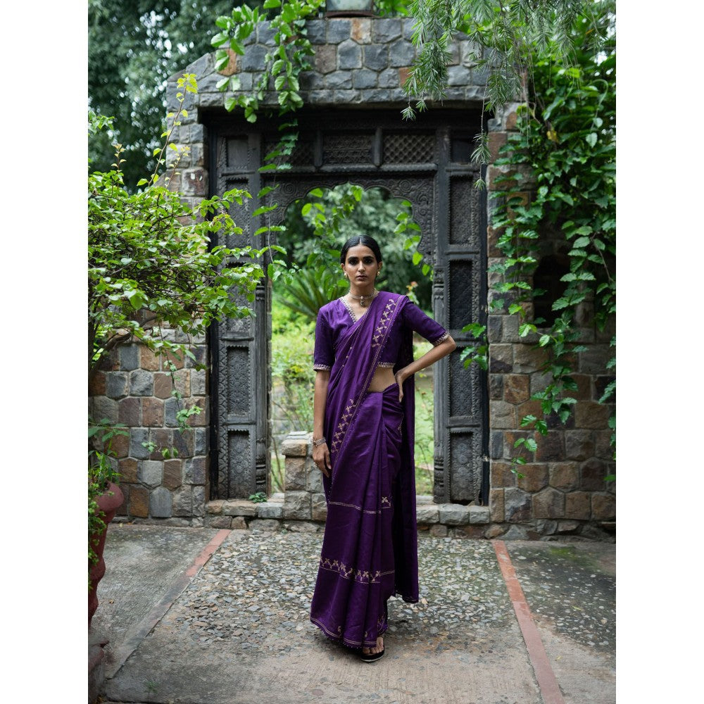 DEEPTHEE Violet Hand Embroidered Silk Saree with Stitched Blouse
