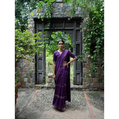 DEEPTHEE Violet Hand Embroidered Silk Saree with Stitched Blouse