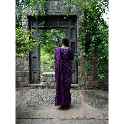 DEEPTHEE Violet Hand Embroidered Silk Saree with Stitched Blouse