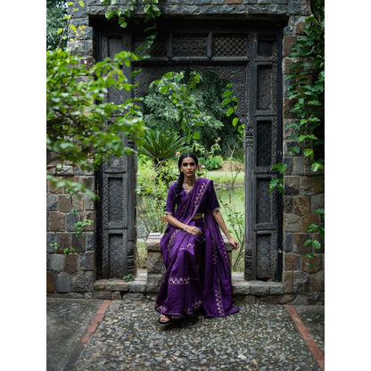 DEEPTHEE Violet Hand Embroidered Silk Saree with Stitched Blouse