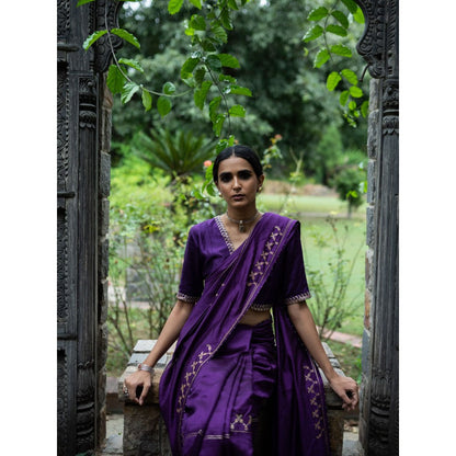 DEEPTHEE Violet Hand Embroidered Silk Saree with Stitched Blouse