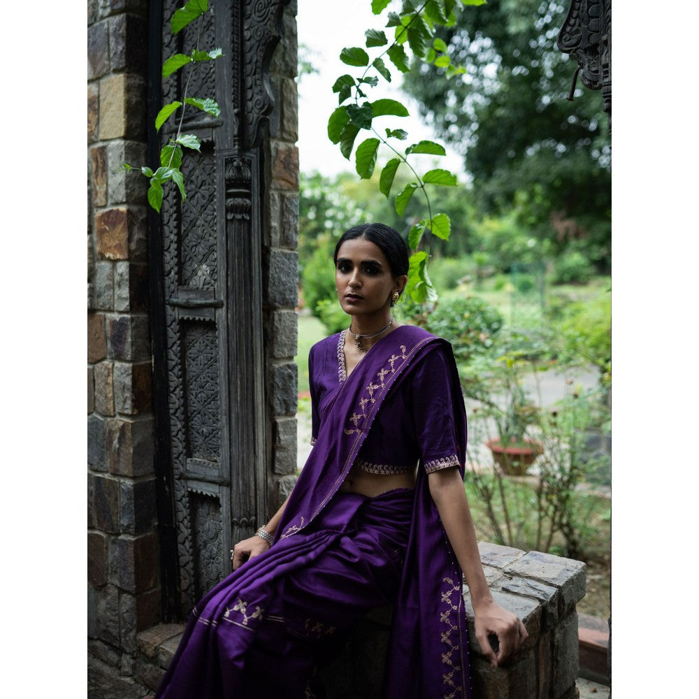DEEPTHEE Violet Hand Embroidered Silk Saree with Stitched Blouse