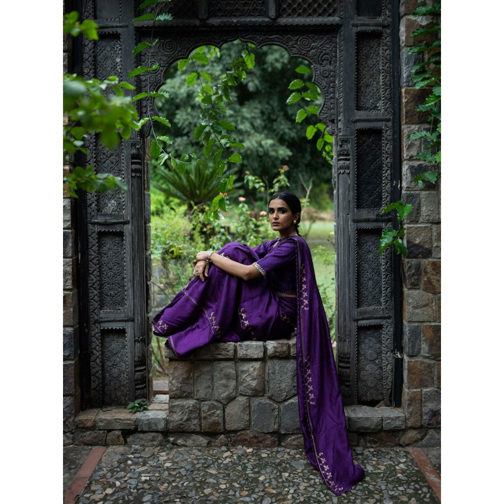 DEEPTHEE Violet Hand Embroidered Silk Saree with Stitched Blouse