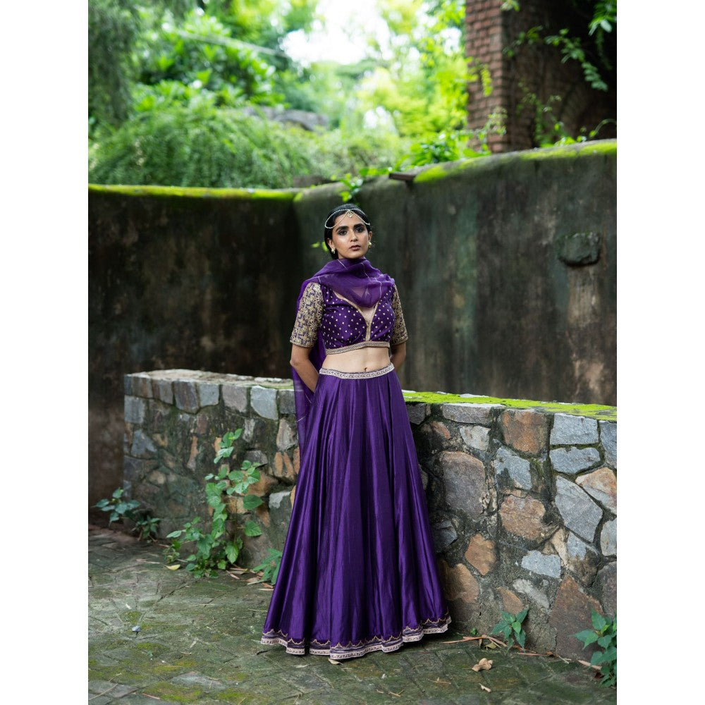 DEEPTHEE Violet Hand Embroidered Kalli Lehenga with Blouse and Dupatta (Set of 3)