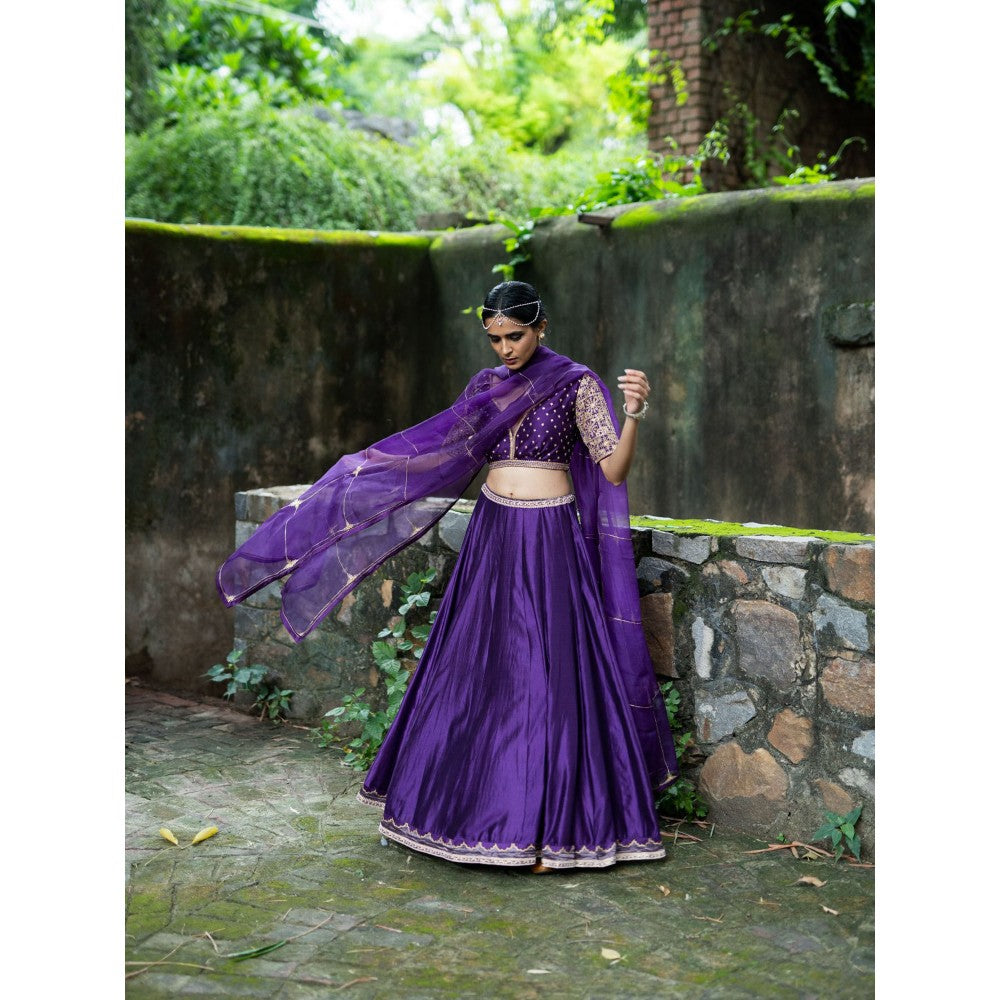 DEEPTHEE Violet Hand Embroidered Kalli Lehenga with Blouse and Dupatta (Set of 3)