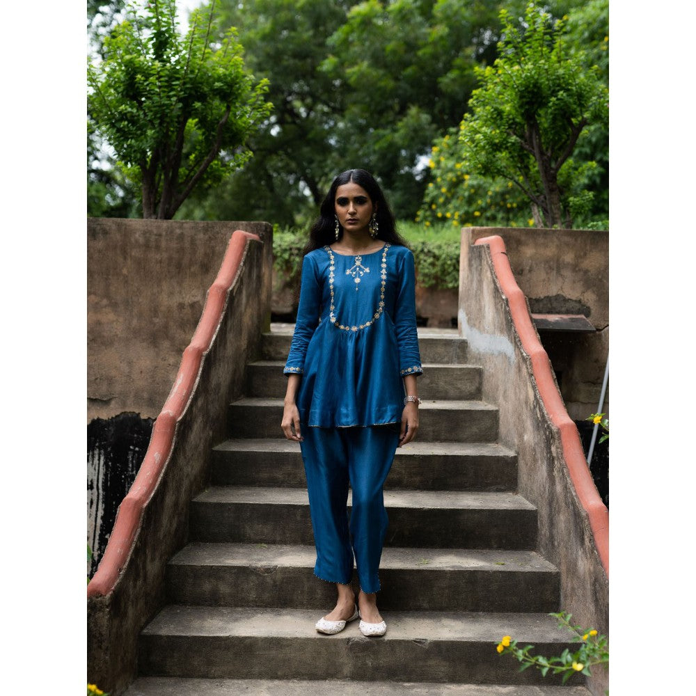 DEEPTHEE Cobalt Blue Peplum Kurti with Straight Pants (Set of 2)