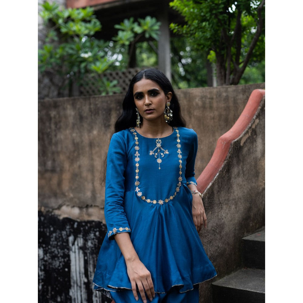 DEEPTHEE Cobalt Blue Peplum Kurti with Straight Pants (Set of 2)