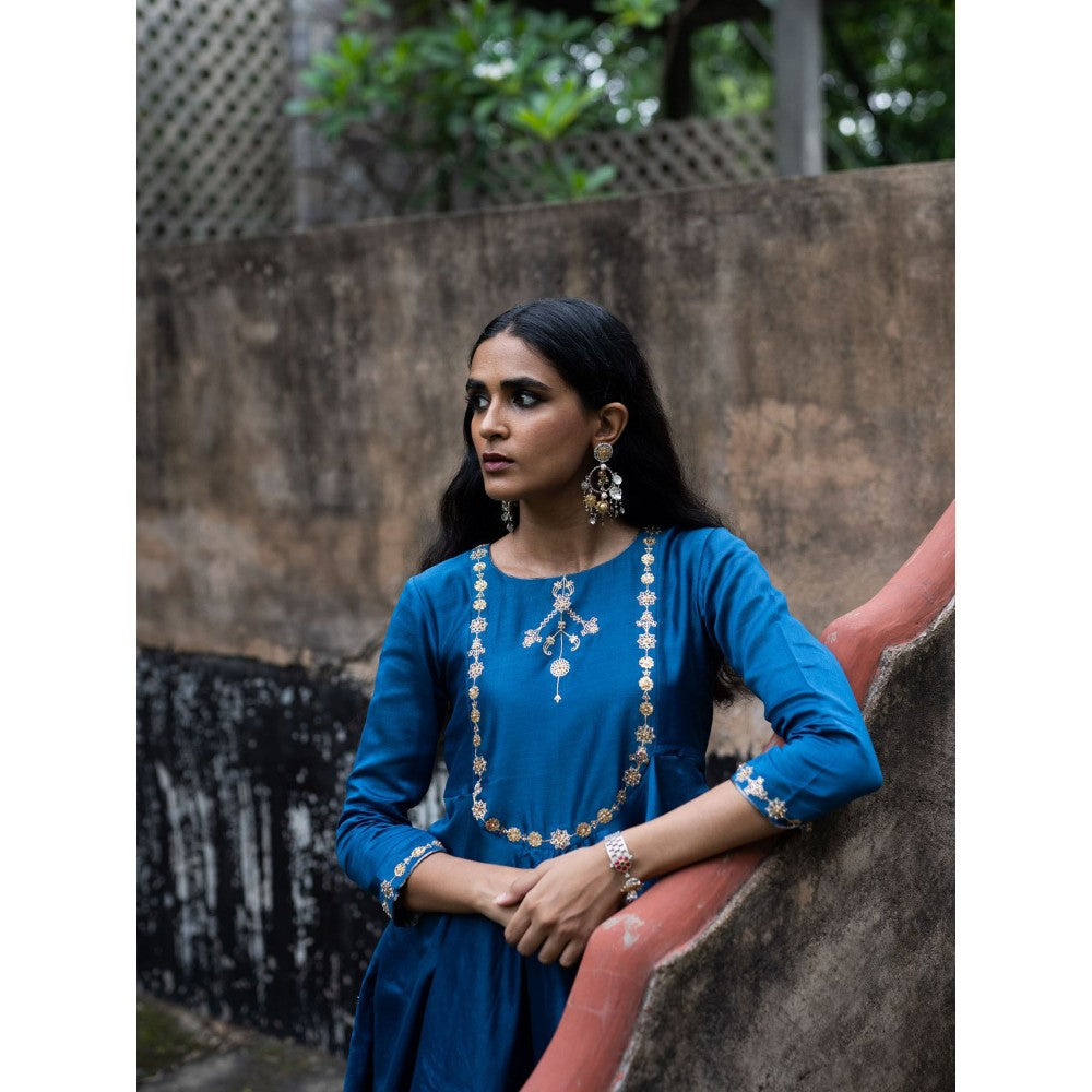 DEEPTHEE Cobalt Blue Peplum Kurti with Straight Pants (Set of 2)