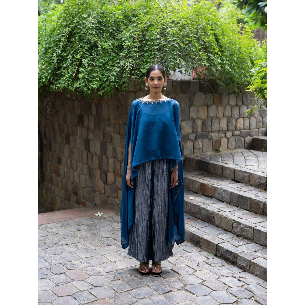 DEEPTHEE Cobalt Blue Hand Embroidered Kaftan Top with Metallic Pants (Set of 2)