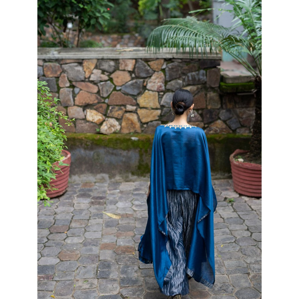 DEEPTHEE Cobalt Blue Hand Embroidered Kaftan Top with Metallic Pants (Set of 2)