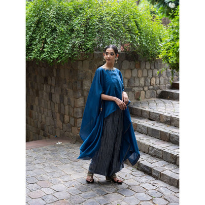 DEEPTHEE Cobalt Blue Hand Embroidered Kaftan Top with Metallic Pants (Set of 2)