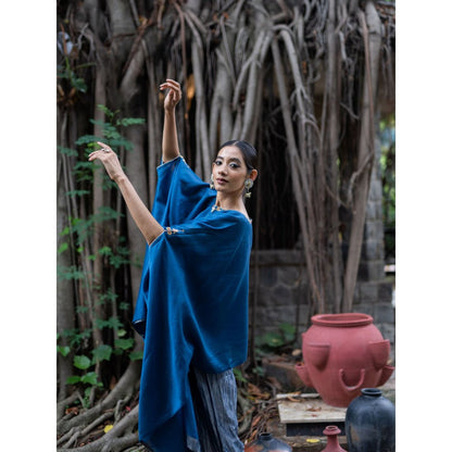 DEEPTHEE Cobalt Blue Hand Embroidered Kaftan Top with Metallic Pants (Set of 2)