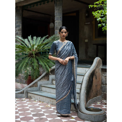 DEEPTHEE Grey Hand Embroidered Metallic Saree with Stitched Blouse