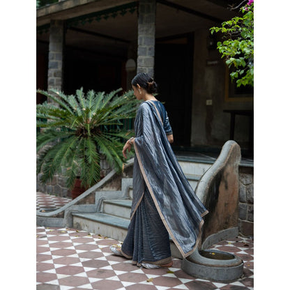 DEEPTHEE Grey Hand Embroidered Metallic Saree with Stitched Blouse