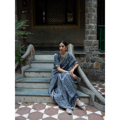 DEEPTHEE Grey Hand Embroidered Metallic Saree with Stitched Blouse