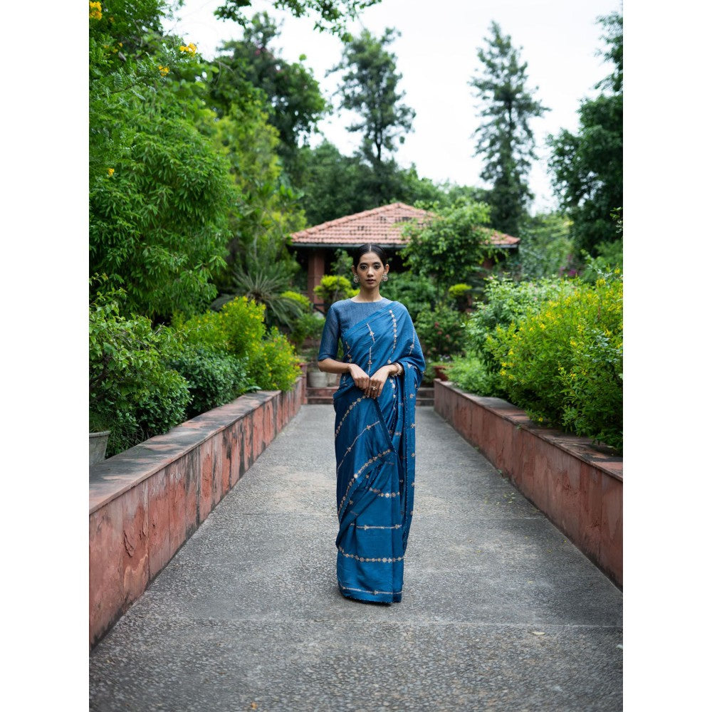 DEEPTHEE Cobalt Blue Hand Embroidered Saree with Stitched Blouse
