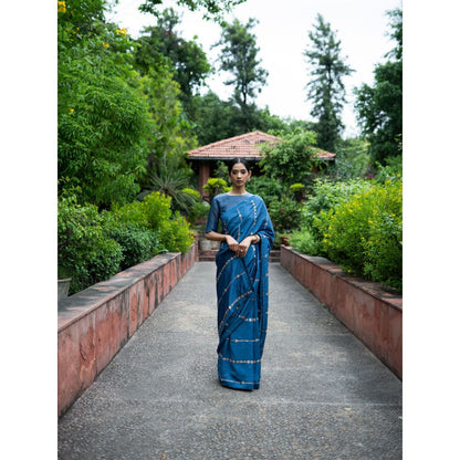 DEEPTHEE Cobalt Blue Hand Embroidered Saree with Stitched Blouse