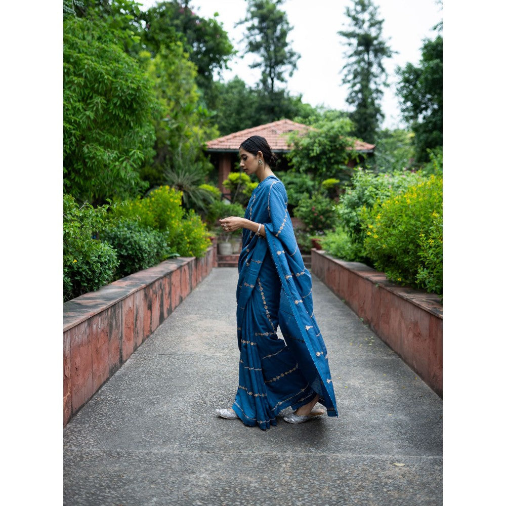 DEEPTHEE Cobalt Blue Hand Embroidered Saree with Stitched Blouse