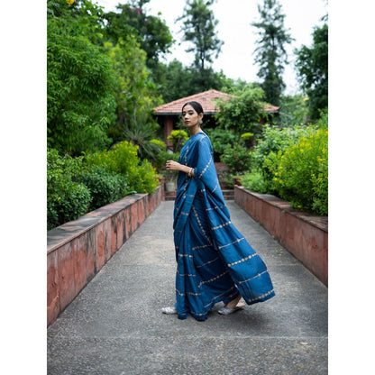 DEEPTHEE Cobalt Blue Hand Embroidered Saree with Stitched Blouse