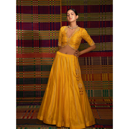 DEEPTHEE Haldi Hand Embroidered Kali Lehenga Choli with Blouse (Set of 3)