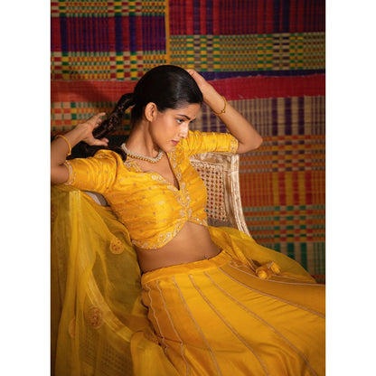 DEEPTHEE Haldi Hand Embroidered Kali Lehenga Choli with Blouse (Set of 3)