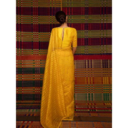 DEEPTHEE Haldi Half Striped & Half Hand Embroidered Saree with Stitched Blouse