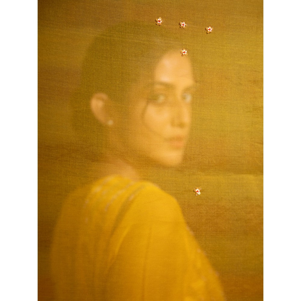 DEEPTHEE Haldi Hand Embroidered Gathered Kurta Pant & Dupatta with Slip (Set of 4)