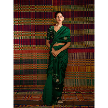 DEEPTHEE Haritah Green Mandala Hand Embroidered Silk Saree with Stitched Blouse