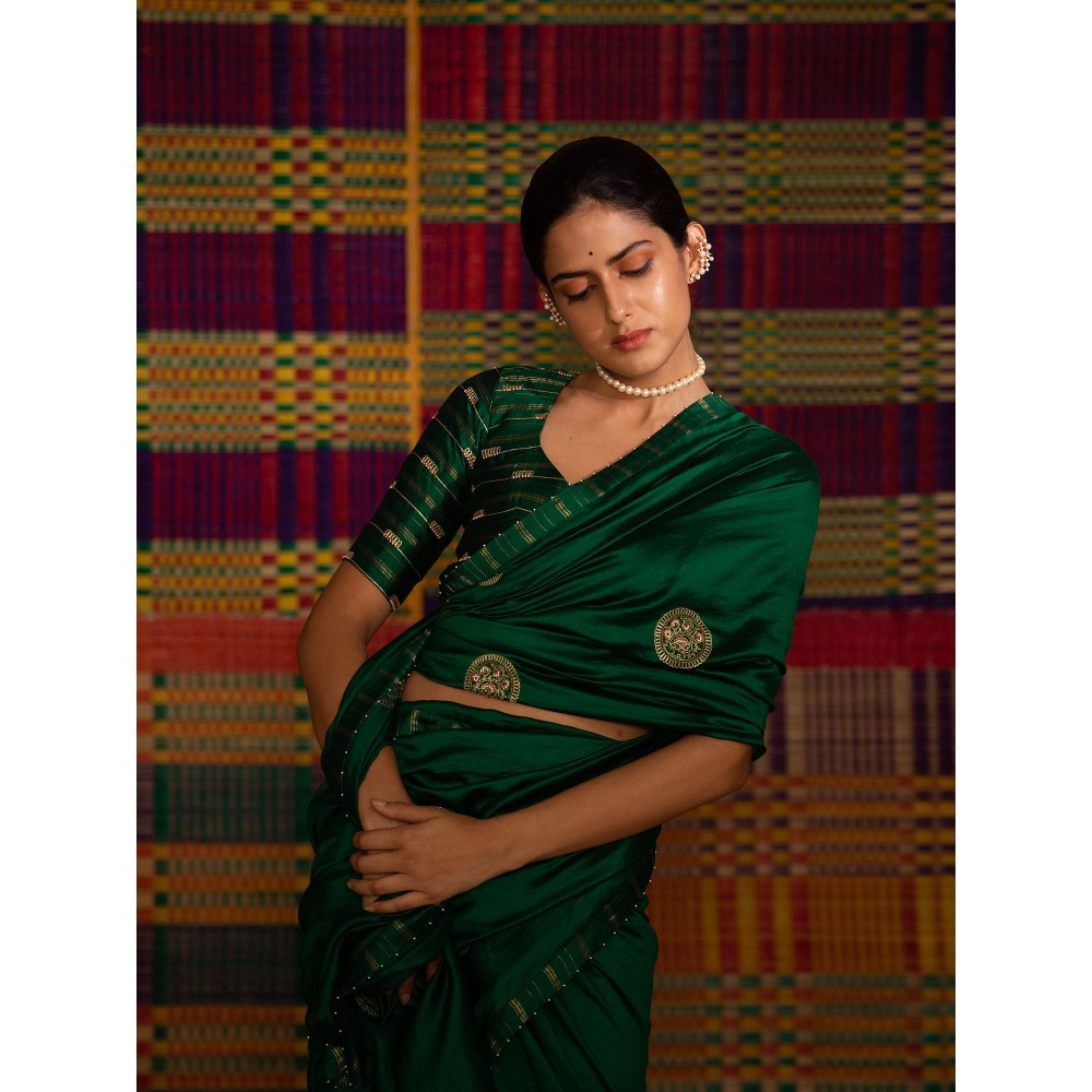 DEEPTHEE Haritah Green Mandala Hand Embroidered Silk Saree with Stitched Blouse