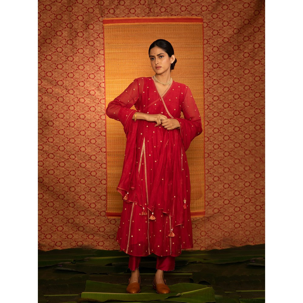 DEEPTHEE Sita Hand Embroidered Angarkha Kurta with Pant & Dupatta (Set of 3)