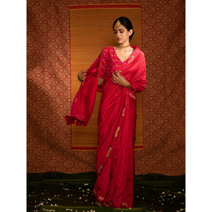 DEEPTHEE Sita Paisley Hand Embroidered Silk Saree with Stitched Blouse