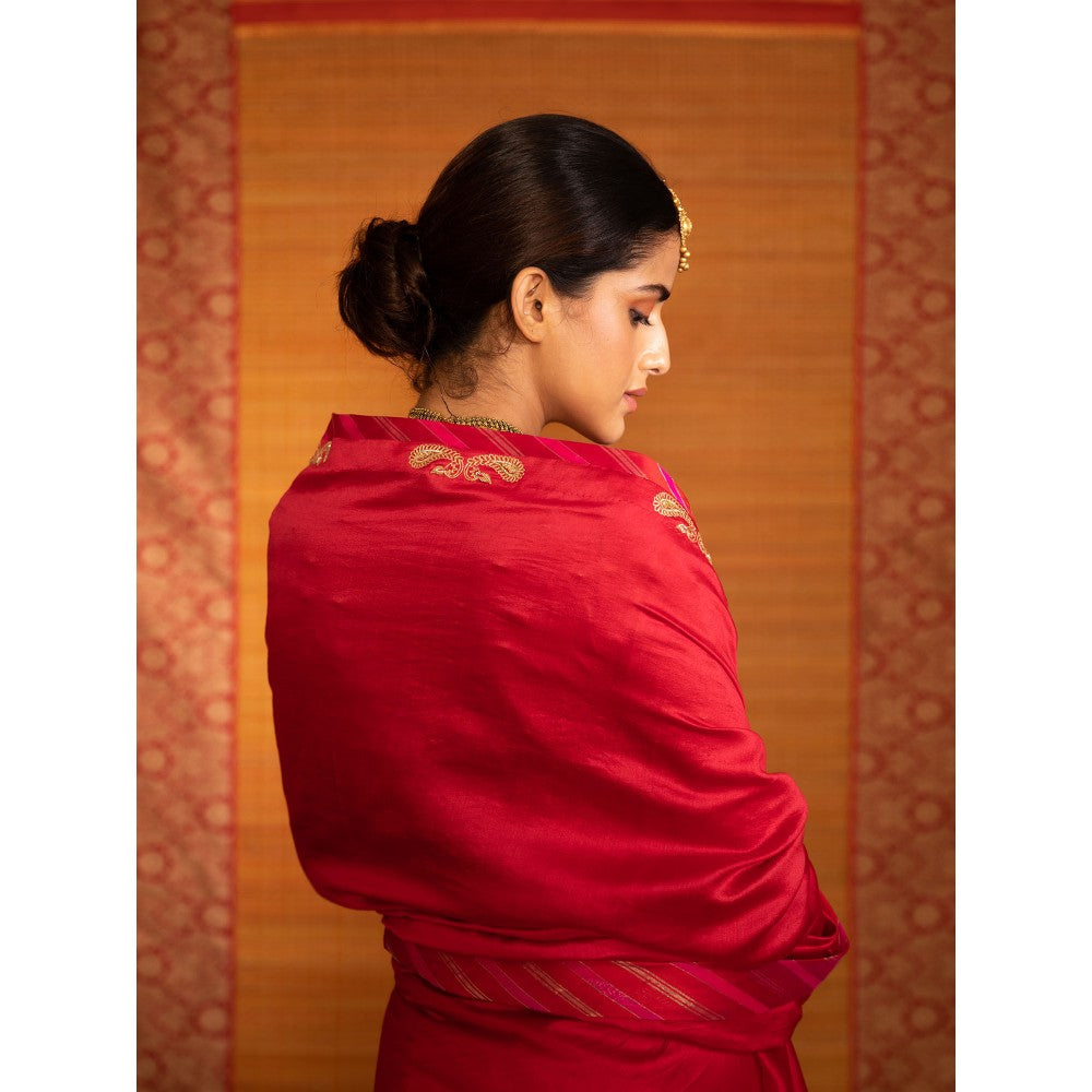 DEEPTHEE Sita Paisley Hand Embroidered Silk Saree with Stitched Blouse