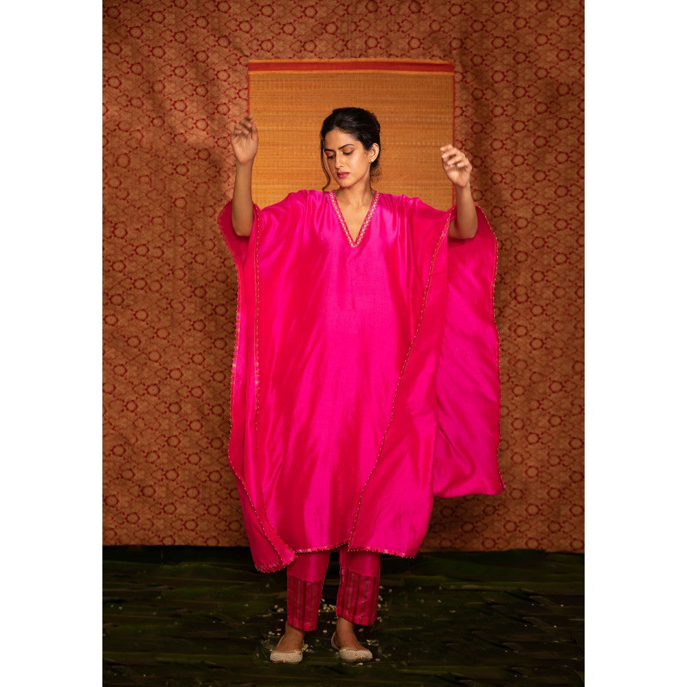 DEEPTHEE Fuchsia Pink V Neck Silk Kaftan with Pant (Set of 2)