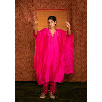 DEEPTHEE Fuchsia Pink V Neck Silk Kaftan with Pant (Set of 2)