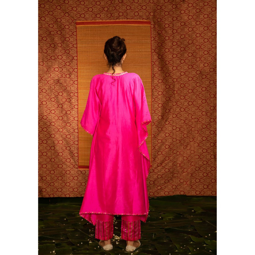 DEEPTHEE Fuchsia Pink V Neck Silk Kaftan with Pant (Set of 2)