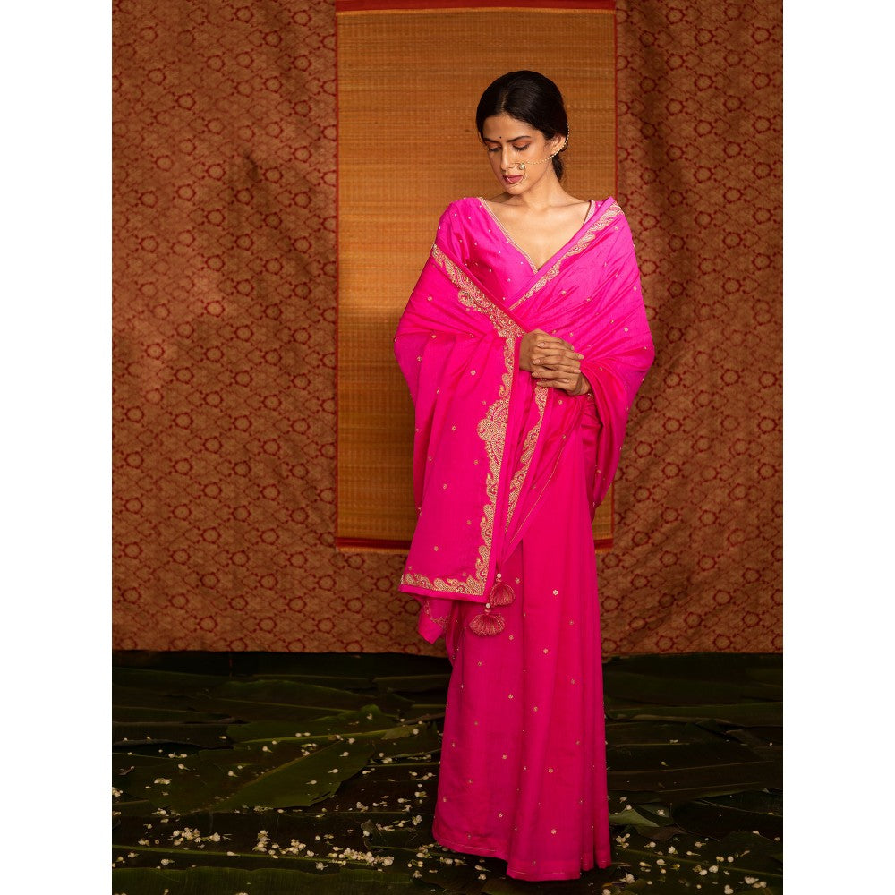 DEEPTHEE Fuchsia Pink Hand Embroidered Silk Saree with V Neck Stitched Blouse