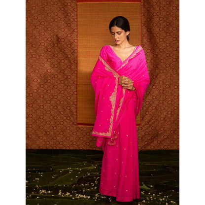 DEEPTHEE Fuchsia Pink Hand Embroidered Silk Saree with V Neck Stitched Blouse