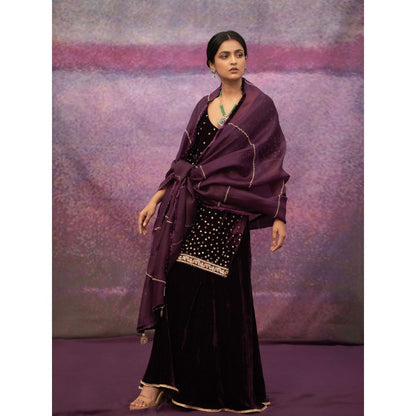 DEEPTHEE Purple Hand Embroidered Short Kurta with Sharara & Dupatta (Set of 3)