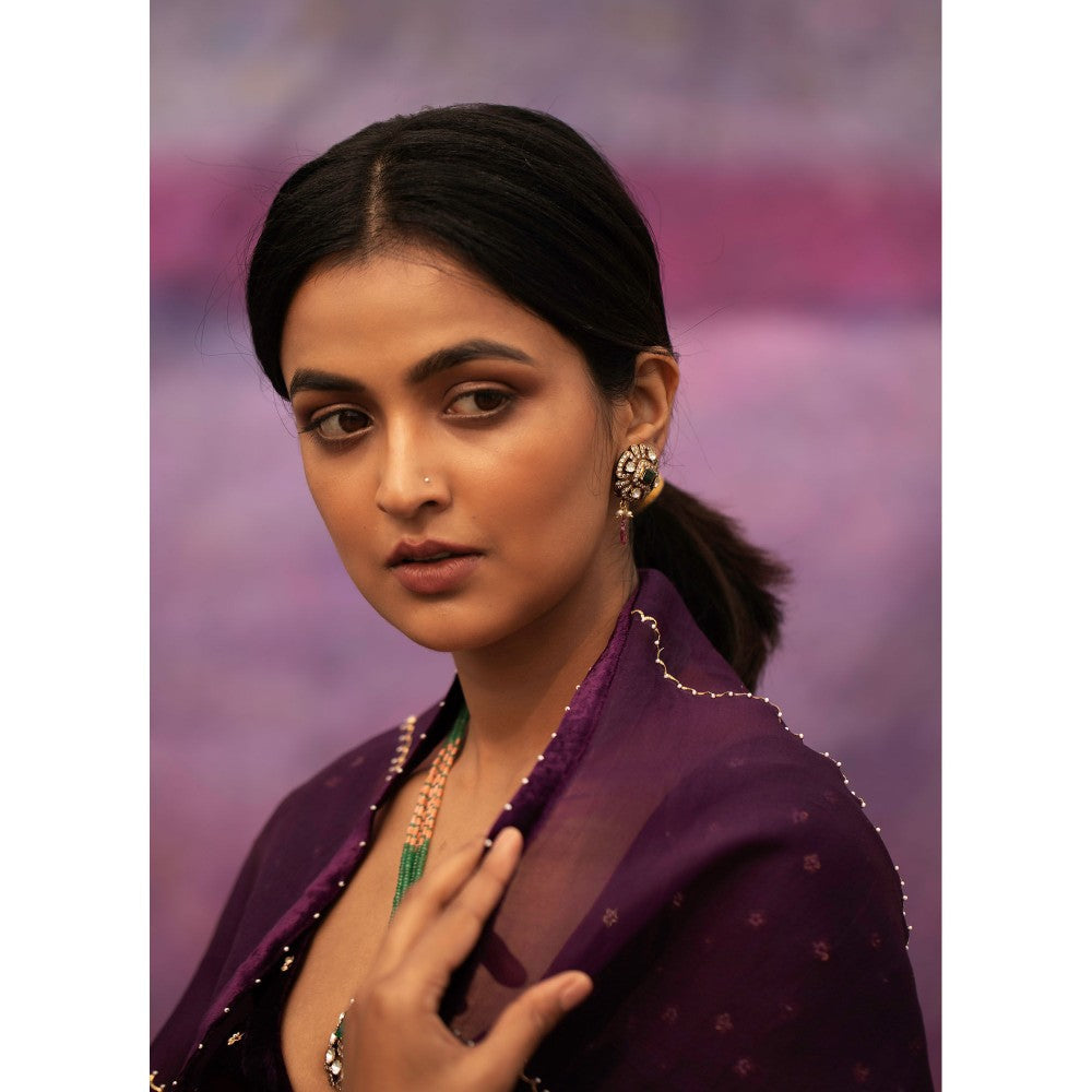 DEEPTHEE Purple Hand Embroidered Short Kurta with Sharara & Dupatta (Set of 3)