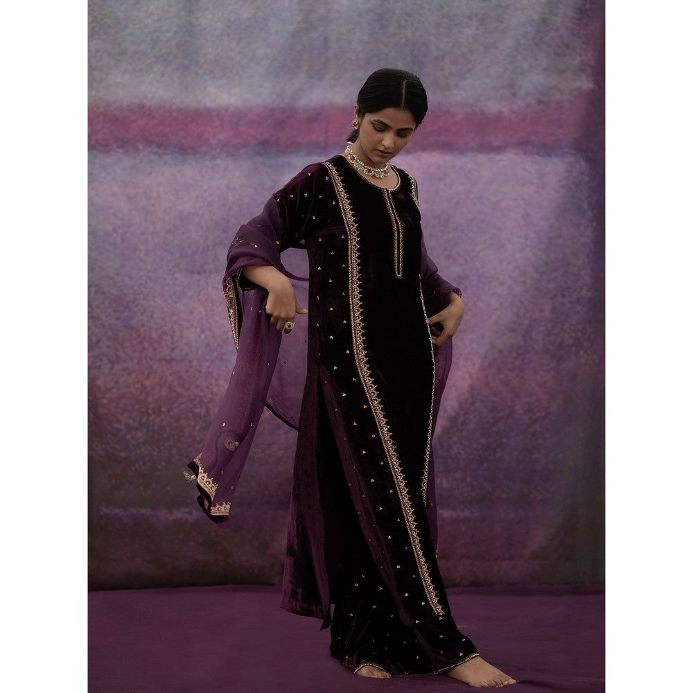 DEEPTHEE Purple Moti Scallop Hand Embroidered Kurta with Pant & Dupatta (Set of 3)