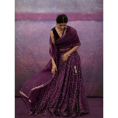DEEPTHEE Purple All Over Booti Kali Lehenga with Blouse & Dupatta (Set of 3)