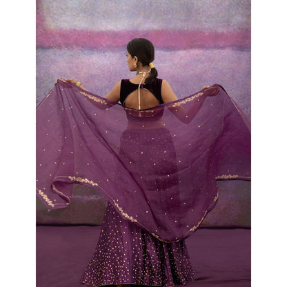 DEEPTHEE Purple All Over Booti Kali Lehenga with Blouse & Dupatta (Set of 3)