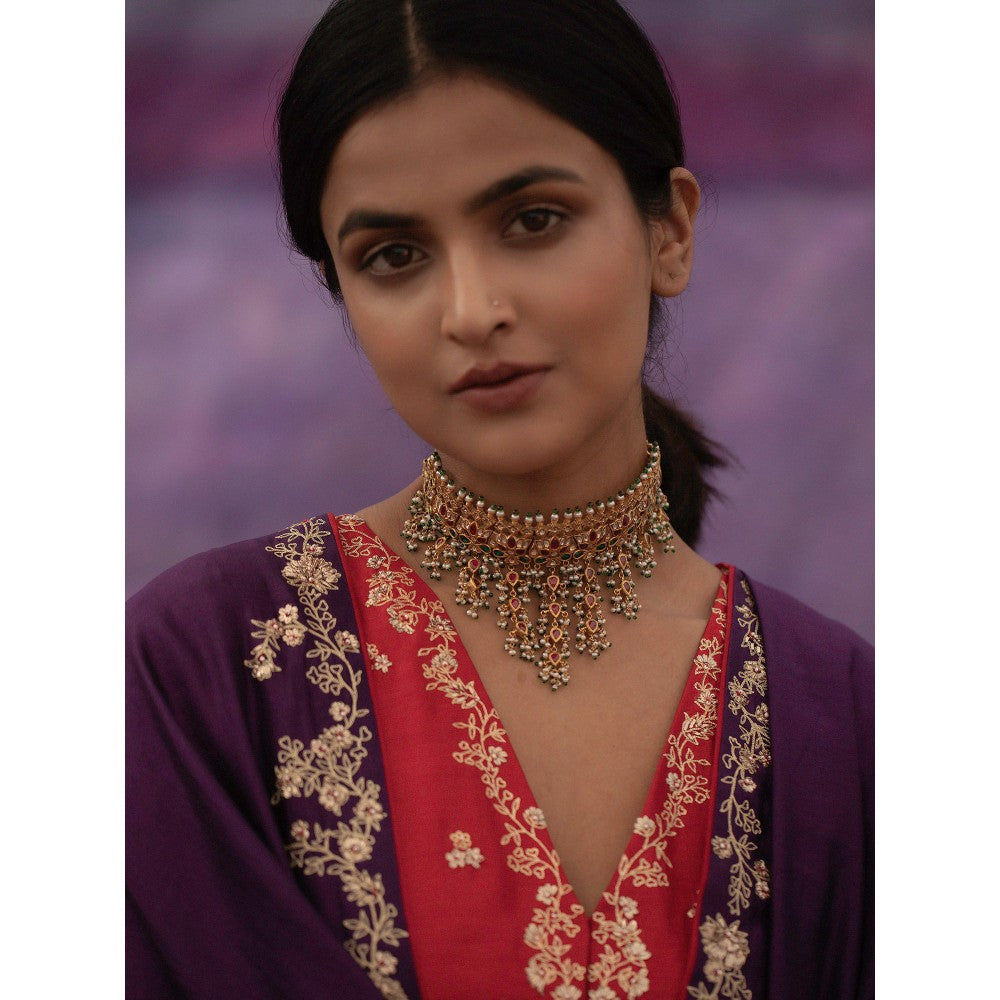 DEEPTHEE Purple Jaal Hand Embroidered Saree with Red Stitched Blouse