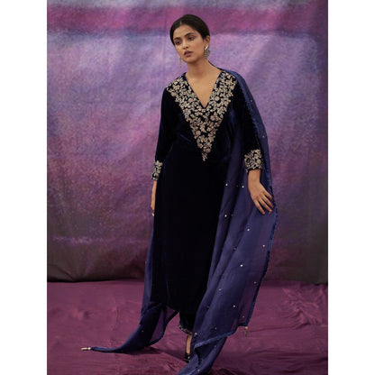 DEEPTHEE Navy Blue Hand Embroidered A-Line Kurta with Pant & Dupatta (Set of 3)