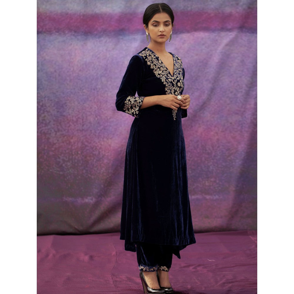 DEEPTHEE Navy Blue Hand Embroidered A-Line Kurta with Pant & Dupatta (Set of 3)